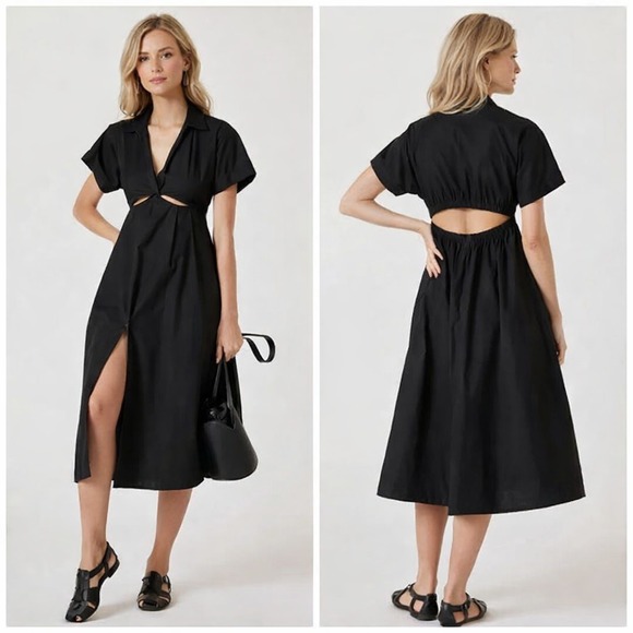 Anthropologie Dresses & Skirts - Anthropologie Dress Size M Twist Waist Midi Shirtdress Black Modern Minimalist